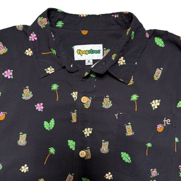 Tipsy Elves Men's Tiki Drinki Black Hawaiian Button Up Size XL - Picture 2 of 9